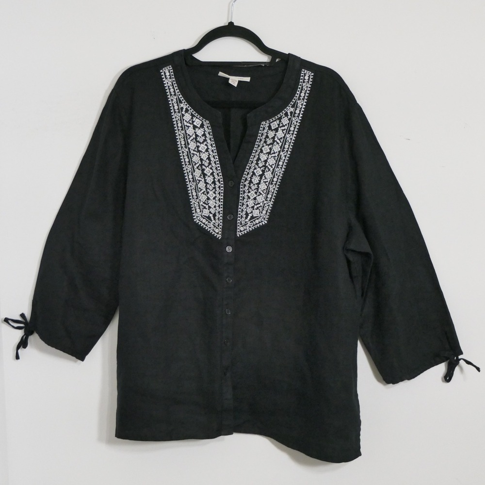 Womens Linen Blouse 18 Black Embroidered Boho Coastal Grandma Breathable Peasant